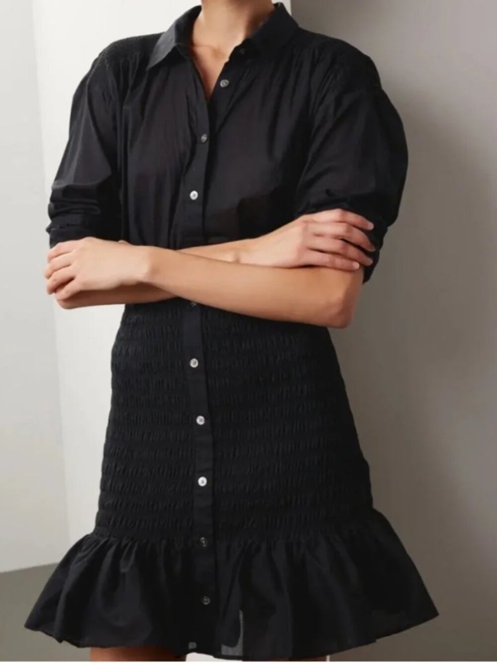 VERONICA BEARD Newport Dress Mini Black Shirtdress Smocked skirt Button Up sz 2 - Picture 13 of 15